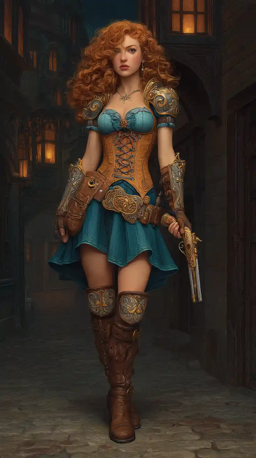 Guerrera fantástica en una calle medieval iluminada por faroles