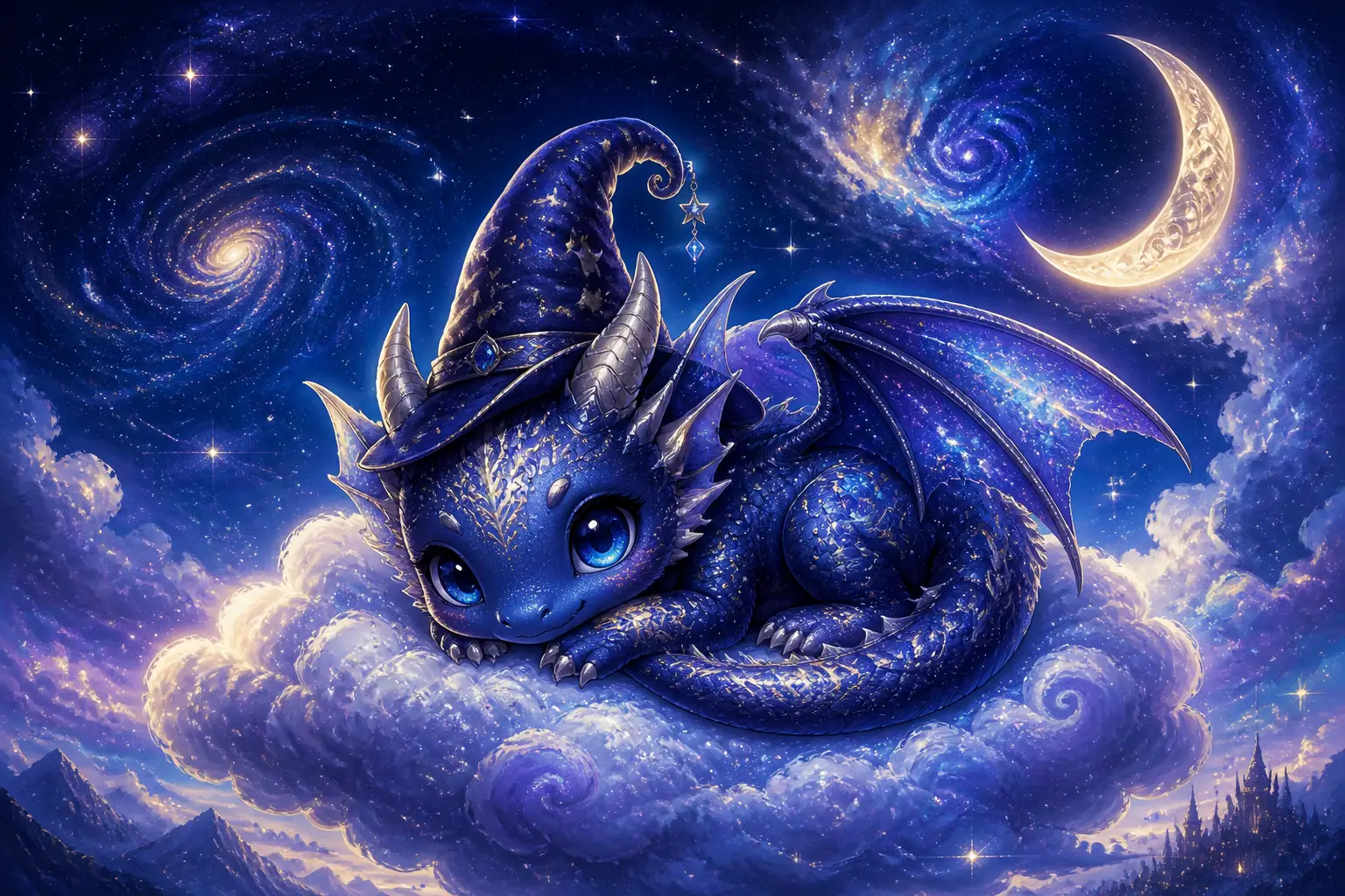 Cute chibi dragon sleeping on a cloud in cosmic night