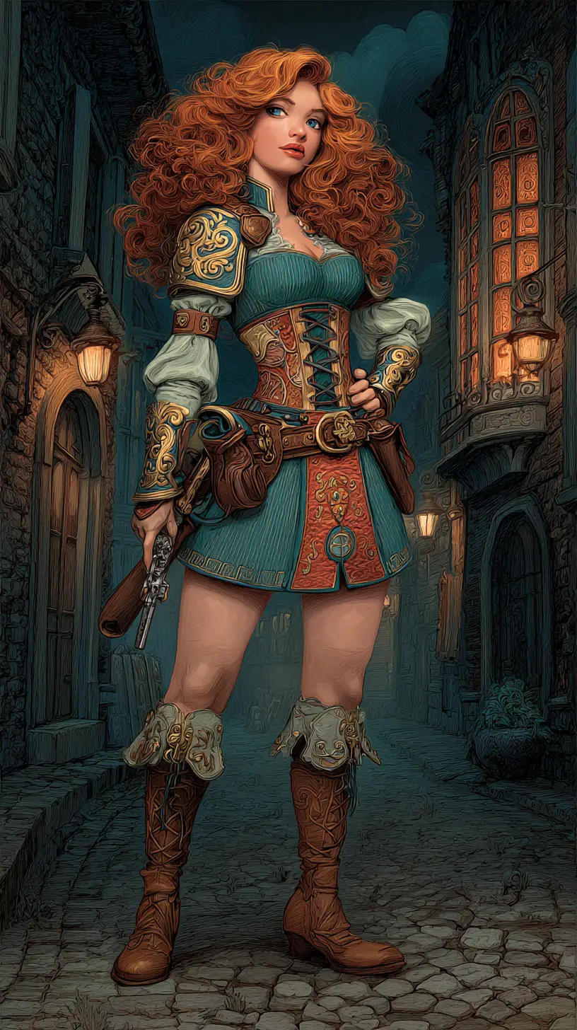ランタンに照らされた中世の街路に立つファンタジー女戦士