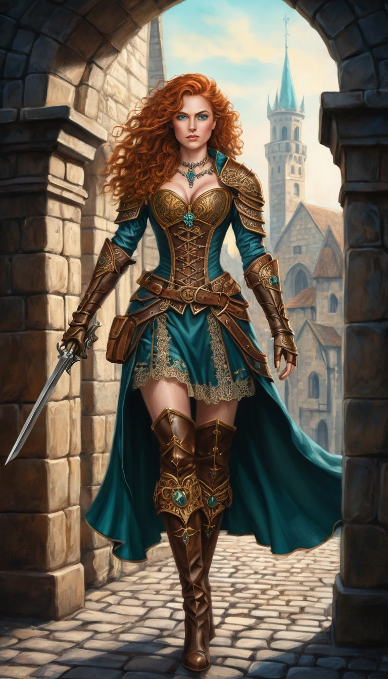 Fantasy warrior woman on a lantern lit medieval street