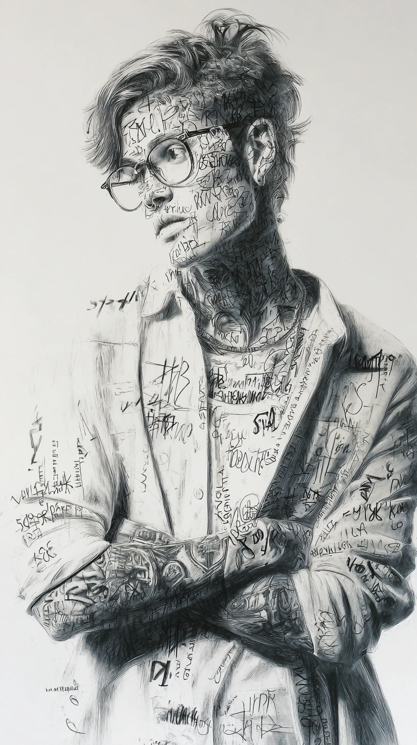 横顔のタトゥー女性を描いた表現力豊かなインクポートレート