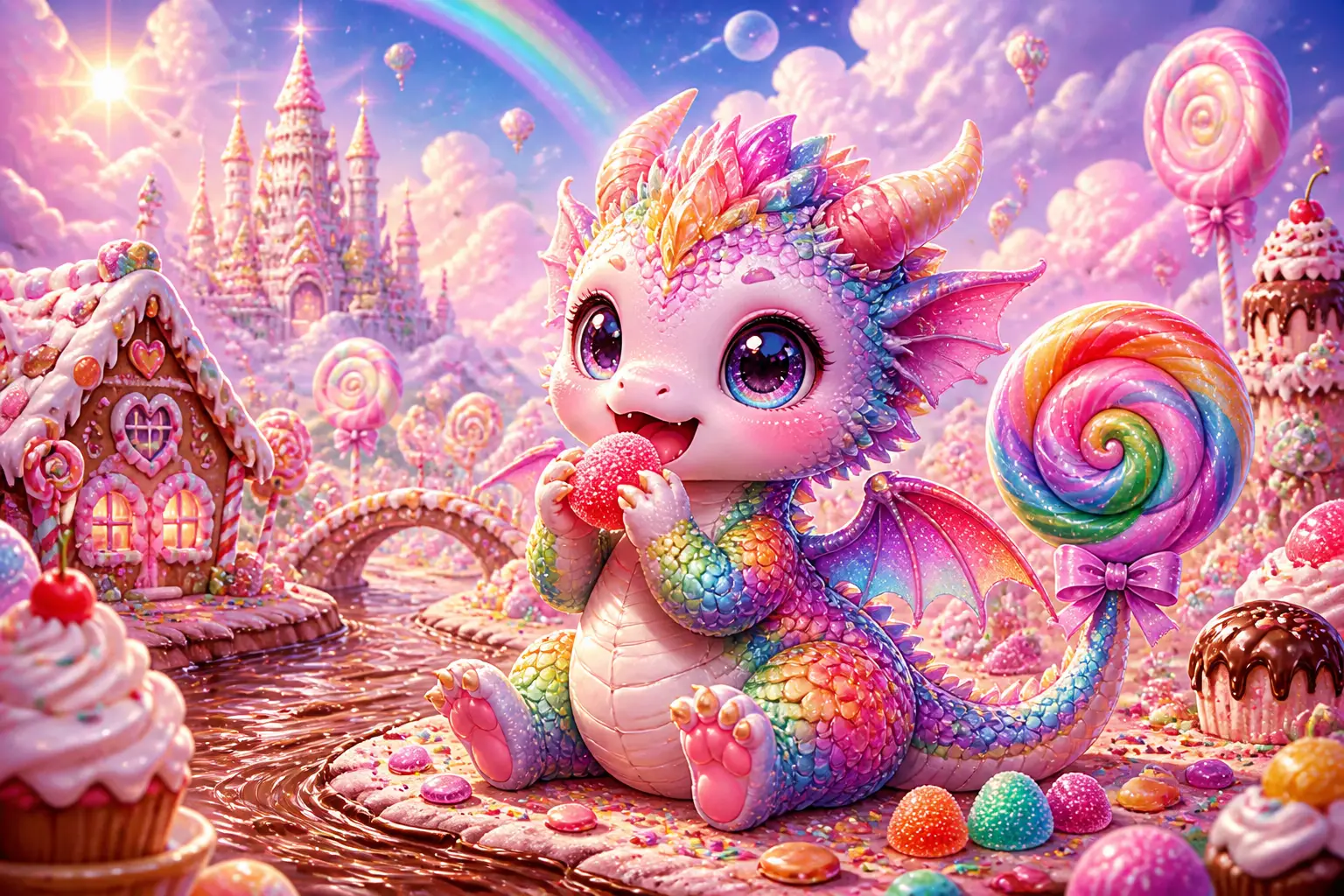 Adorable dragon en bonbons dans un paysage de fantaisie kawaii éclatant