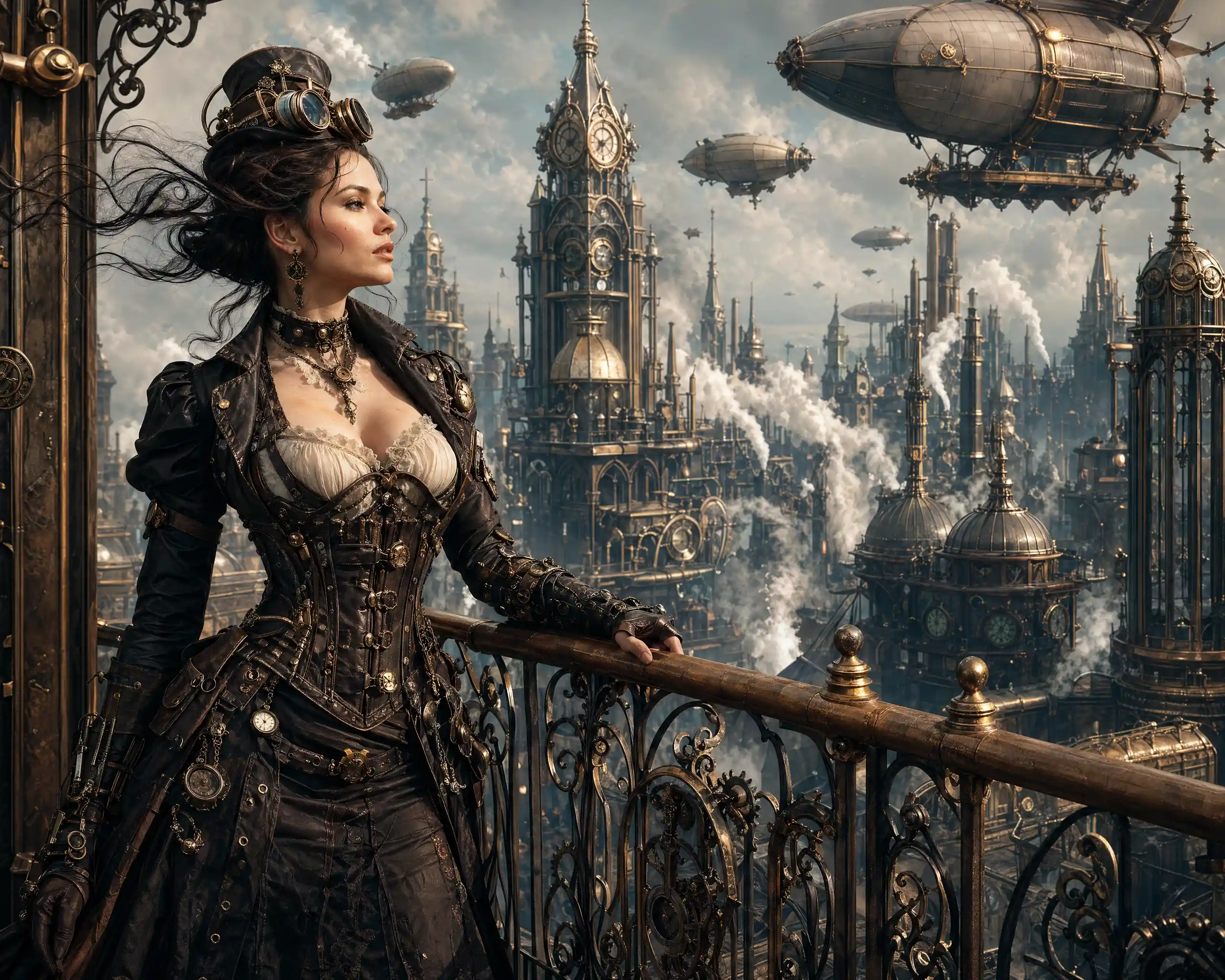 Steampunk-Frau steht auf einem Balkon in einer Fantasiestadt
