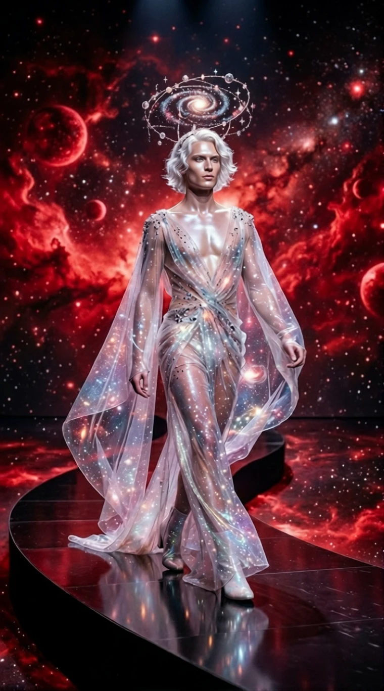 Modello di moda celestiale che cammina in una galassia rossa luminosa