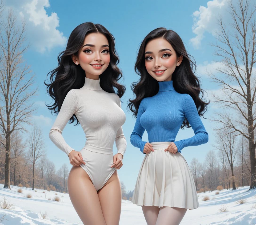 Dos mujeres jóvenes en un sereno paisaje invernal nevado