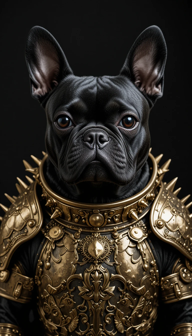 Buldogue francês preto com armadura metálica dourada ornamentada