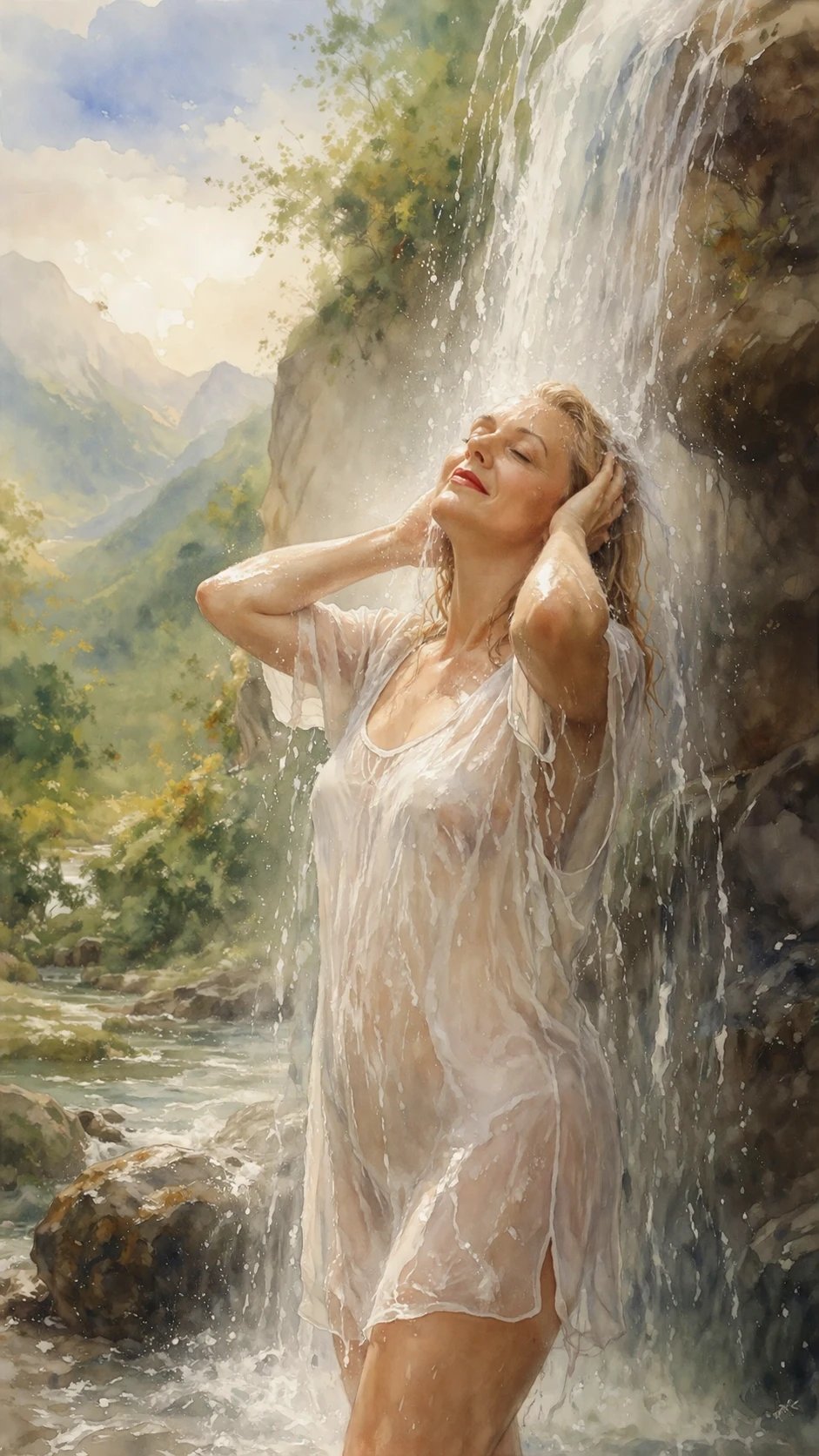 Mulher sorrindo sob uma cachoeira em cena em aquarela suave
