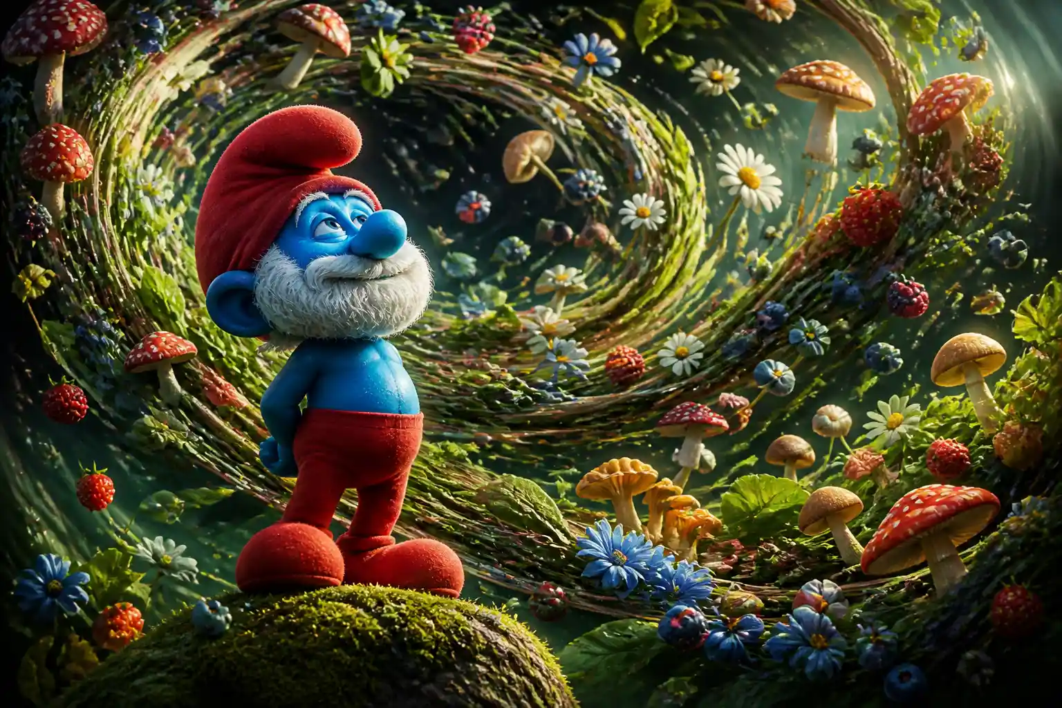 Personaggio fantasy blu reale tra forme organiche fluide