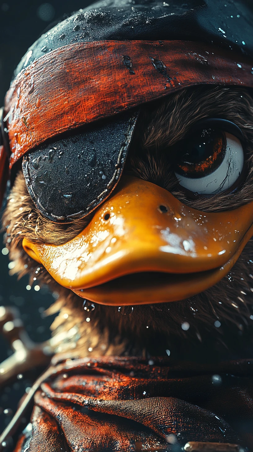 Personagem de pato pirata em close com texturas molhadas detalhadas