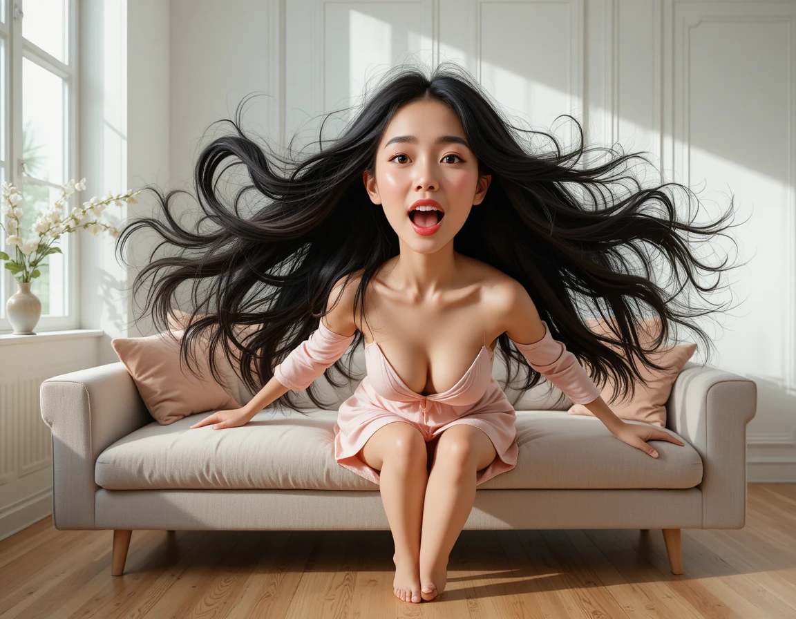 Donna asiatica che scivola dal divano in una soffice luce naturale