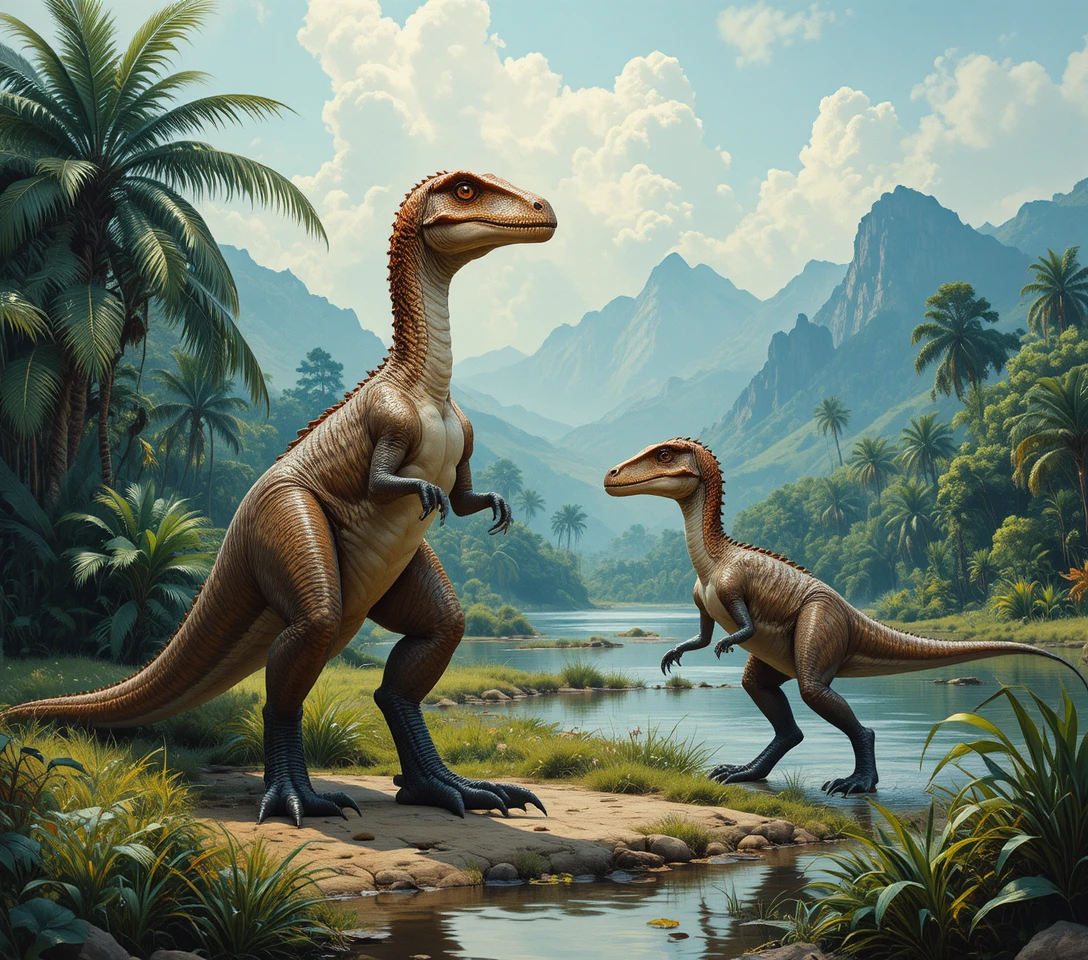 Dois velociraptores observando um pântano pré-histórico enevoado