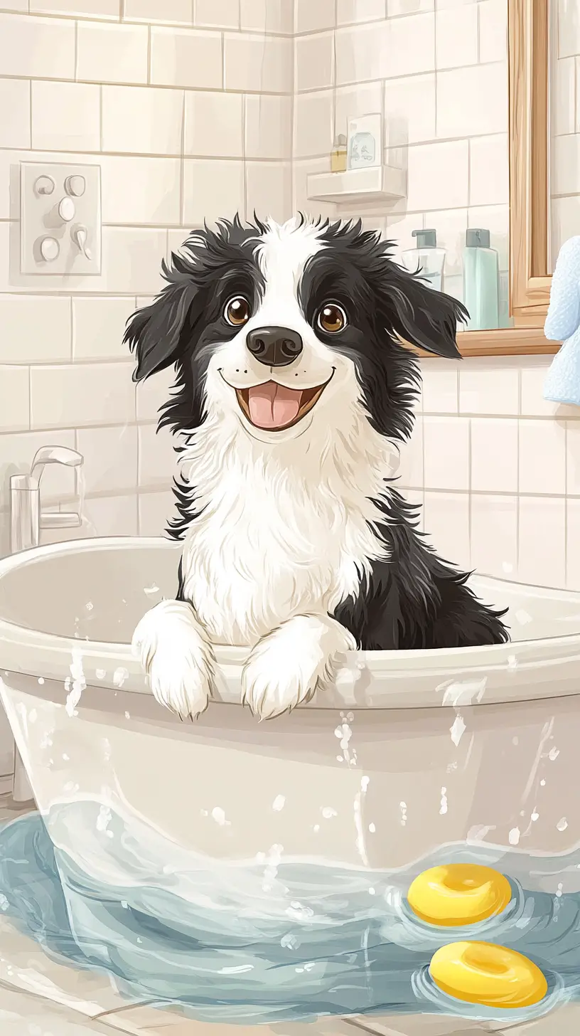 可愛的邊境牧羊犬在充滿泡泡的卡通浴室場景中