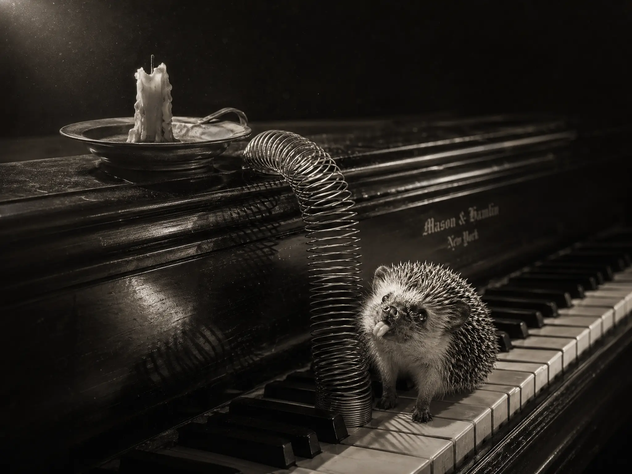 Slinky che inizia a scendere dal coperchio del pianoforte verso i tasti