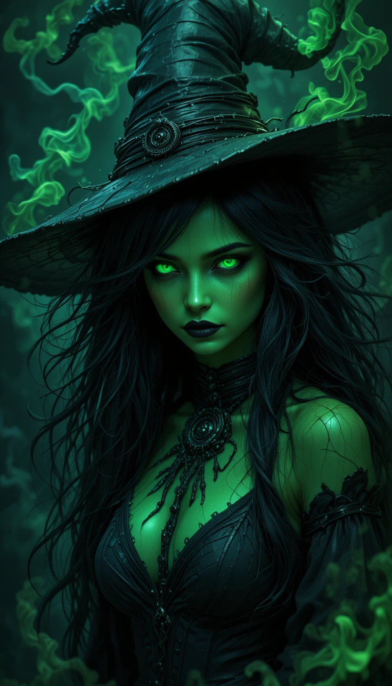 Retrato de bruja de piel verde con ojos brillantes y humo