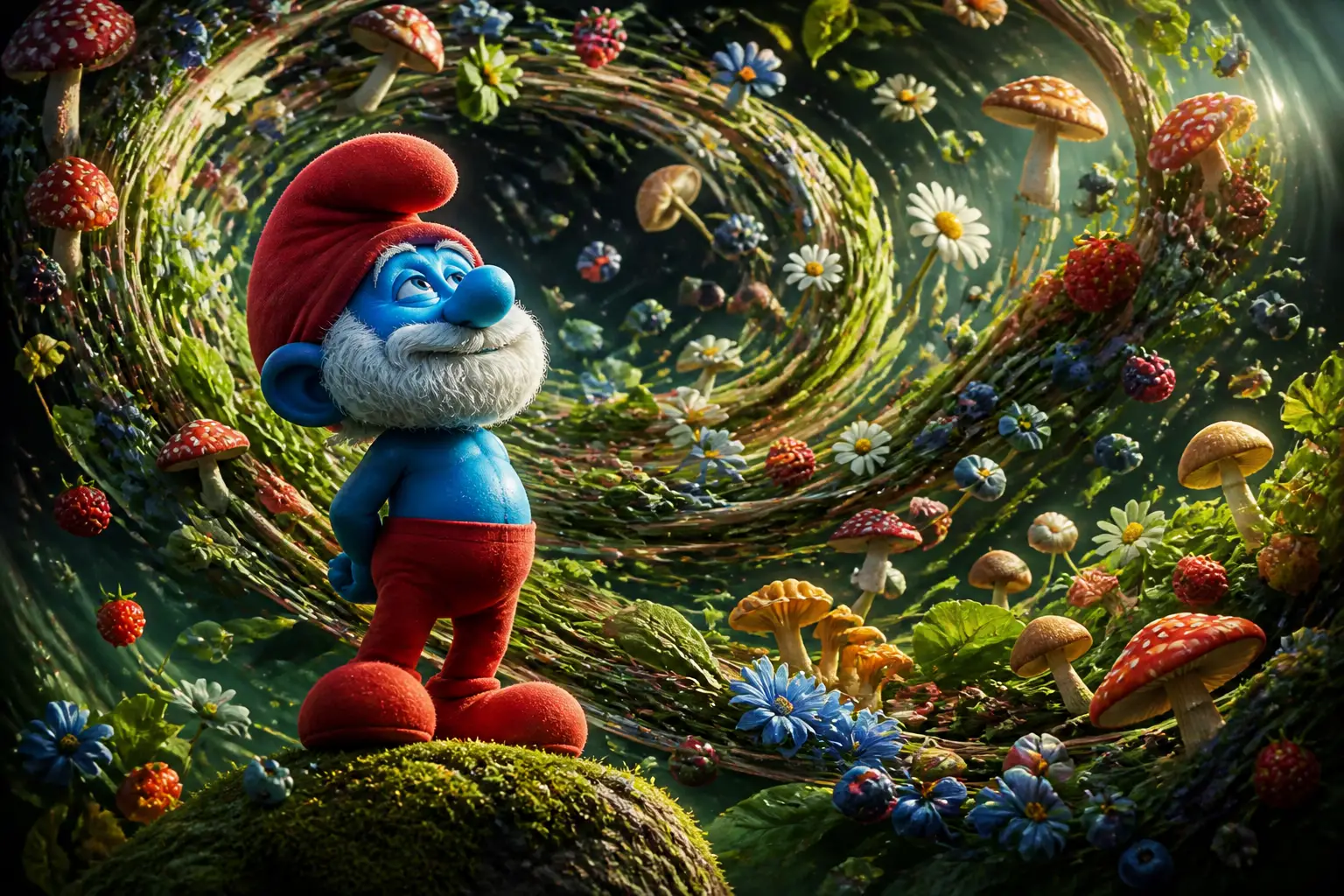 Royal blue fantasy character amid flowing organic shapes
