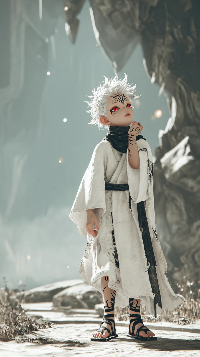 Garoto de anime de cabelo branco em uma paisagem rochosa mística