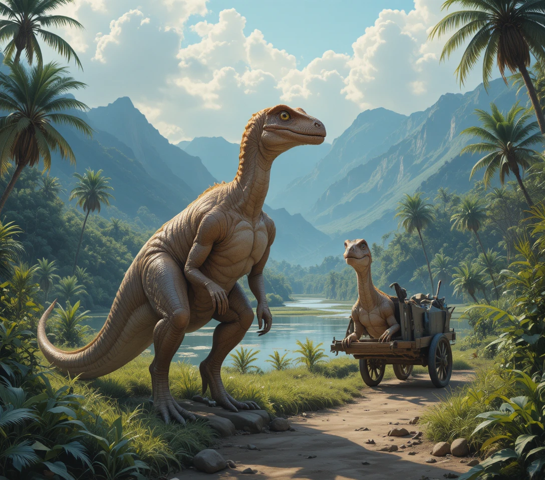 Zwei Velociraptoren an einem nebligen prähistorischen Sumpf