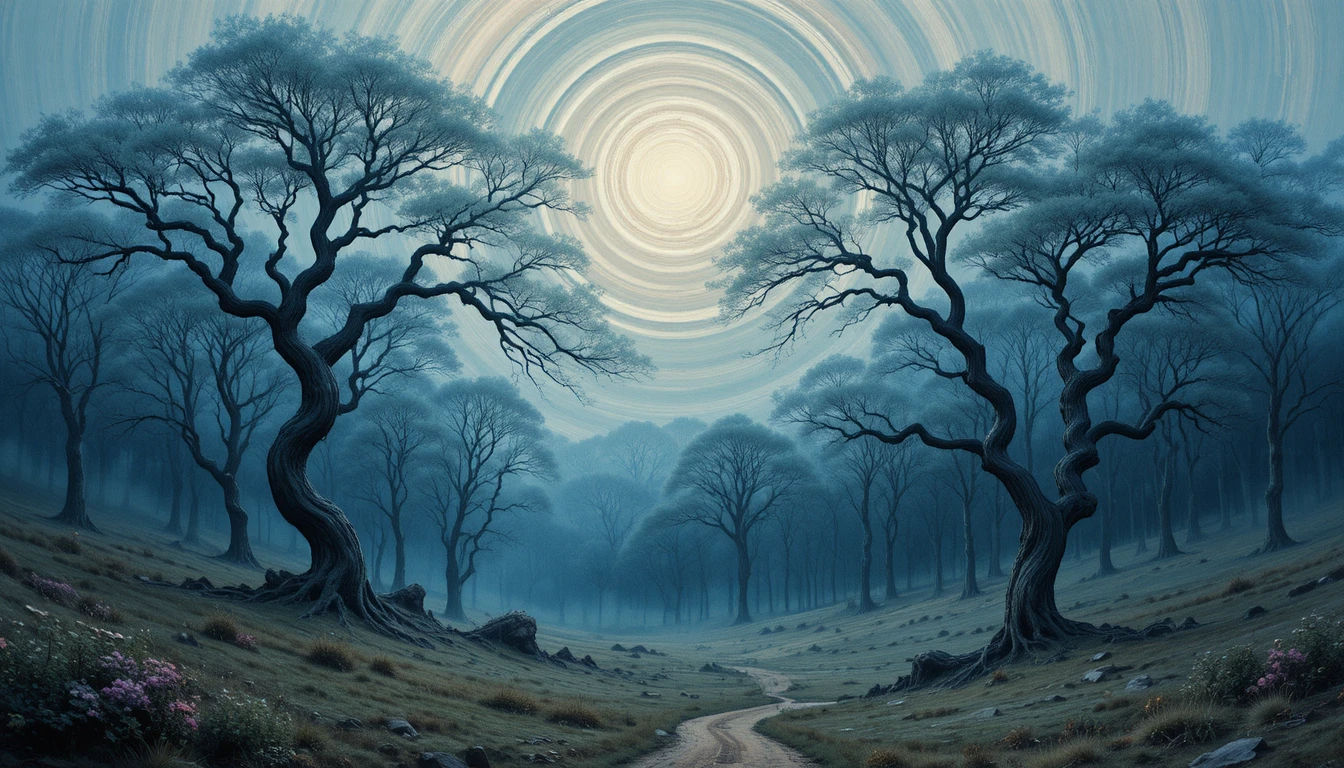 Foresta mistica da sogno con alberi indaco e cielo vorticoso