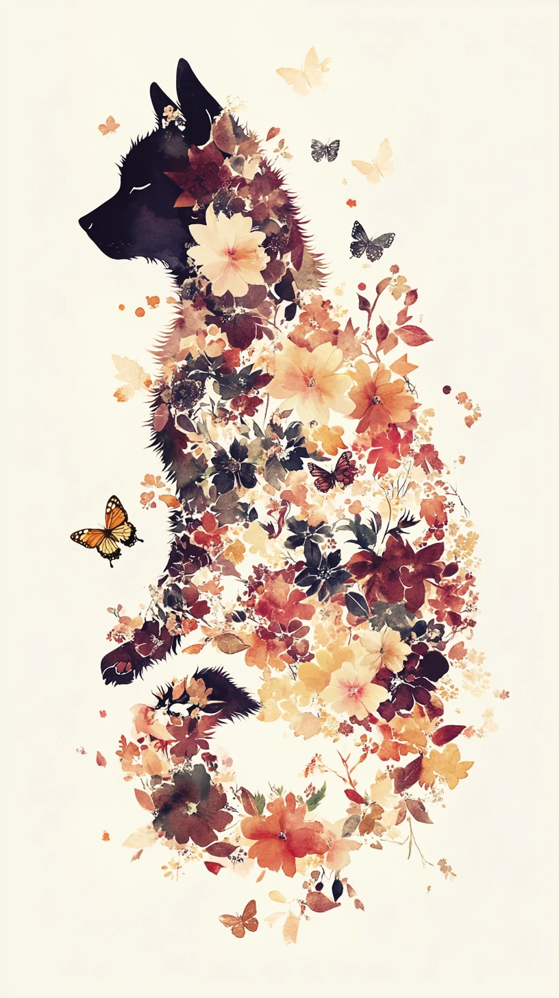 Silhueta de cachorro floral em aquarela em estilo isométrico tranquilo