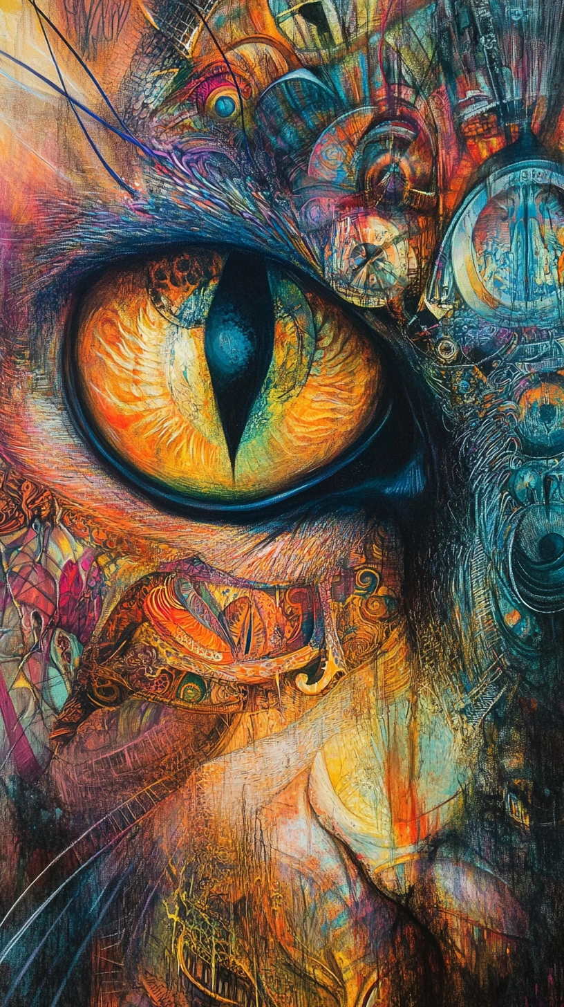 Abstraktes Mixed-Media-Tigergesicht mit hypnotisch großen Augen