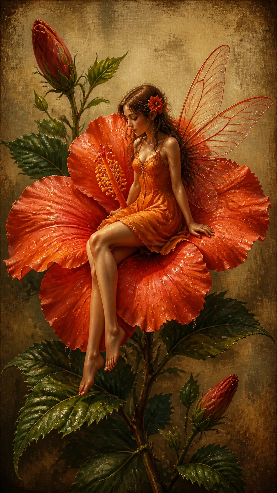 Minuscule fée reposant sur une fleur d’hibiscus rouge orangé éclatante
