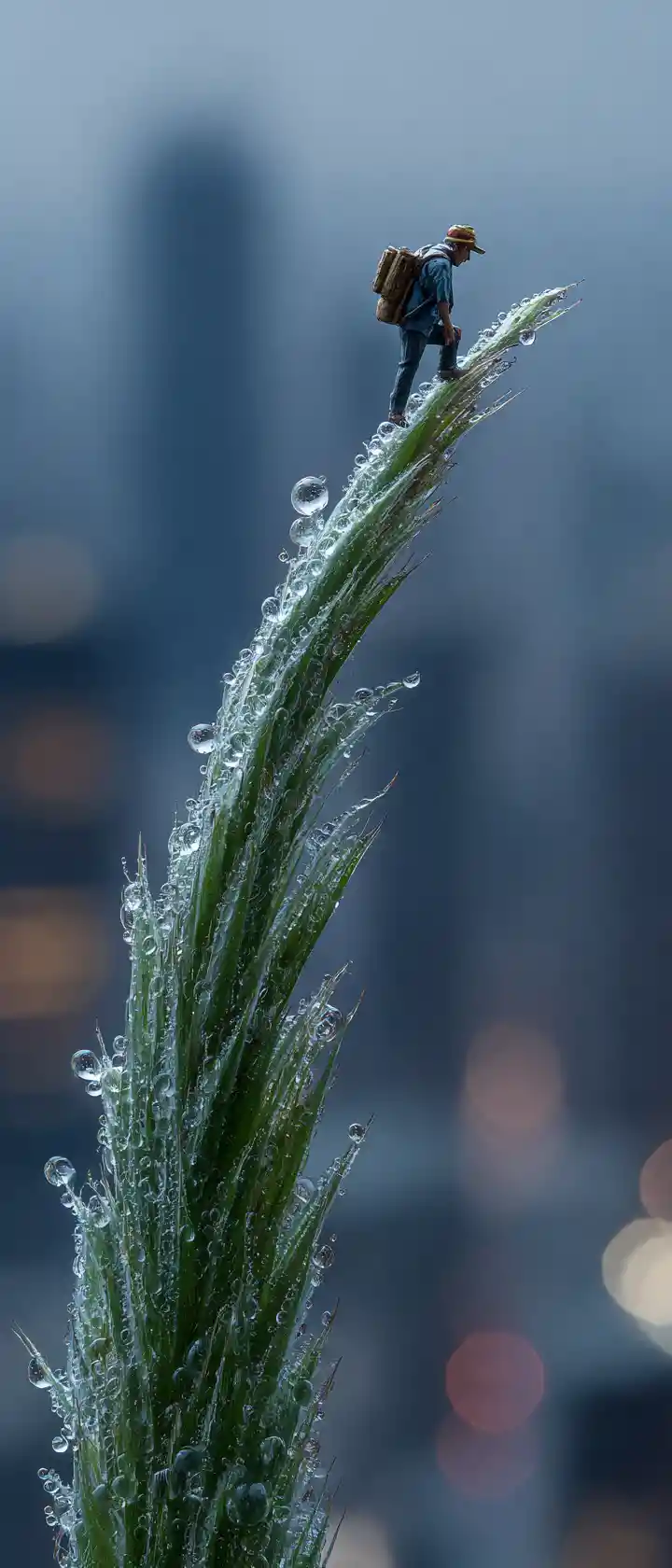 Miniature explorer climbing a single towering blade of grass