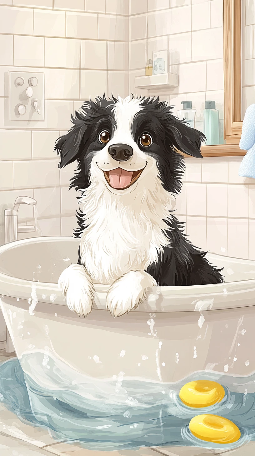 Fofo border collie em uma cena de banheiro cheia de bolhas em estilo cartoon