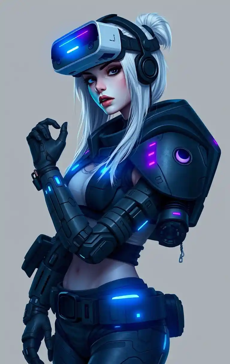 Futuristic woman with cybernetic arm and vr headset