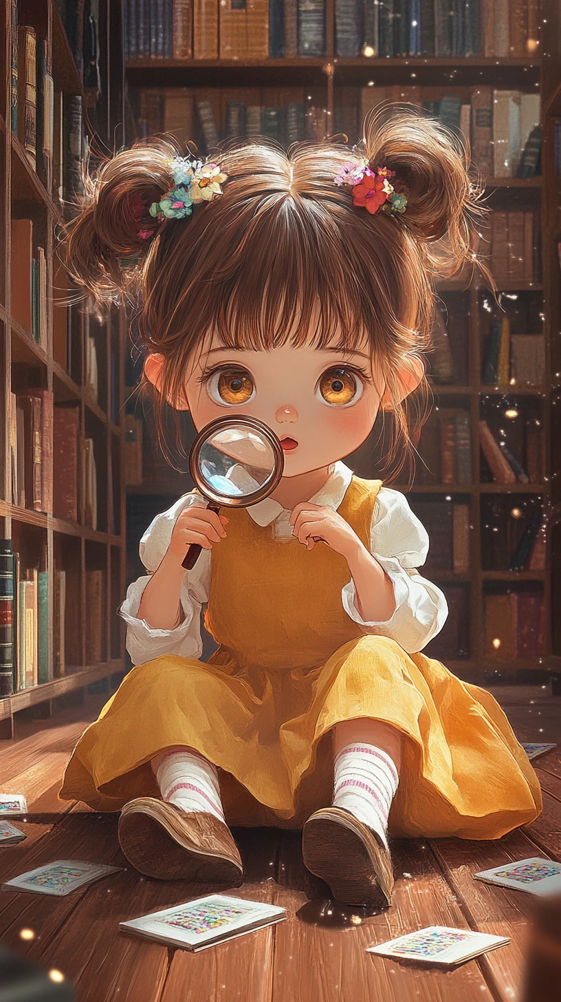 Ragazza chibi con lente d’ingrandimento in un accogliente corridoio di biblioteca