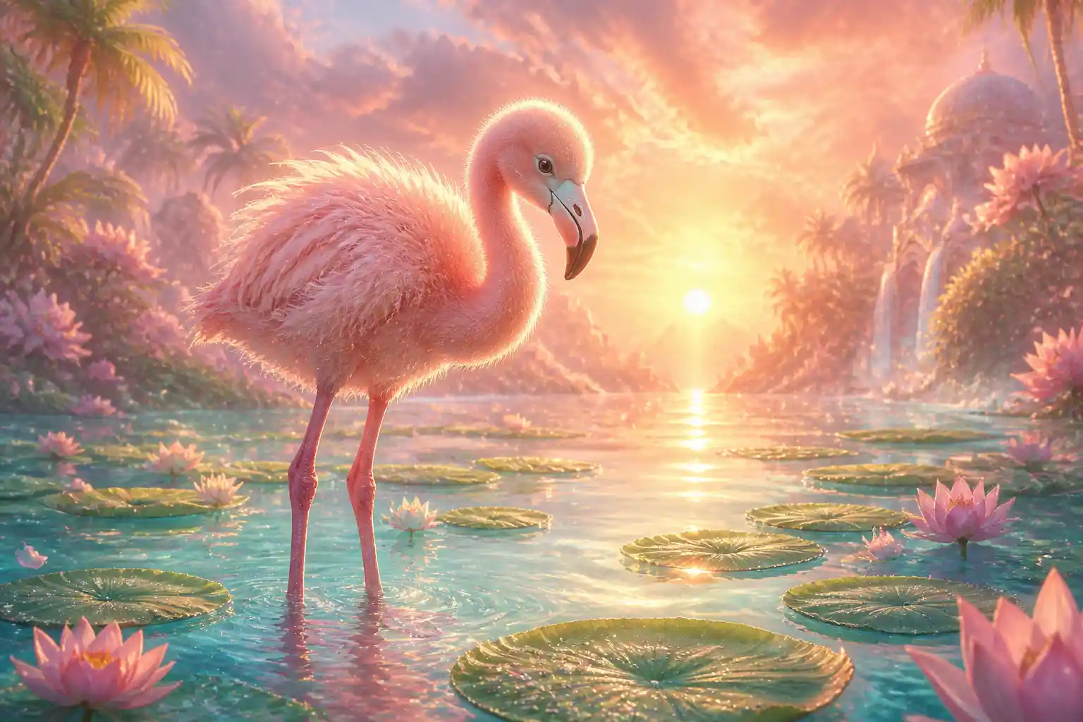 Baby flamingo standing in a tropical lagoon at sunrise