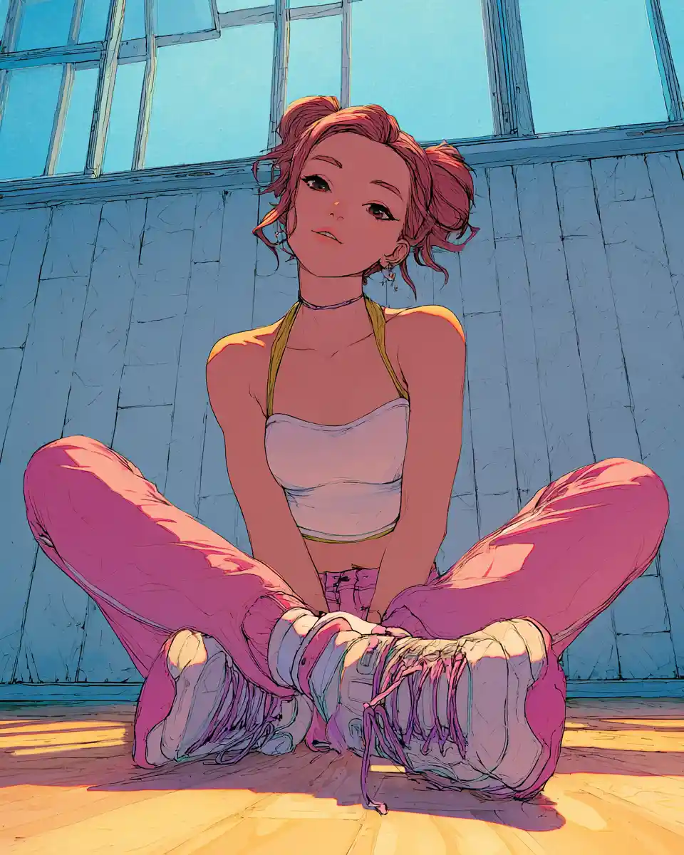 Cute anime girl in girly summer fashion sitting pose