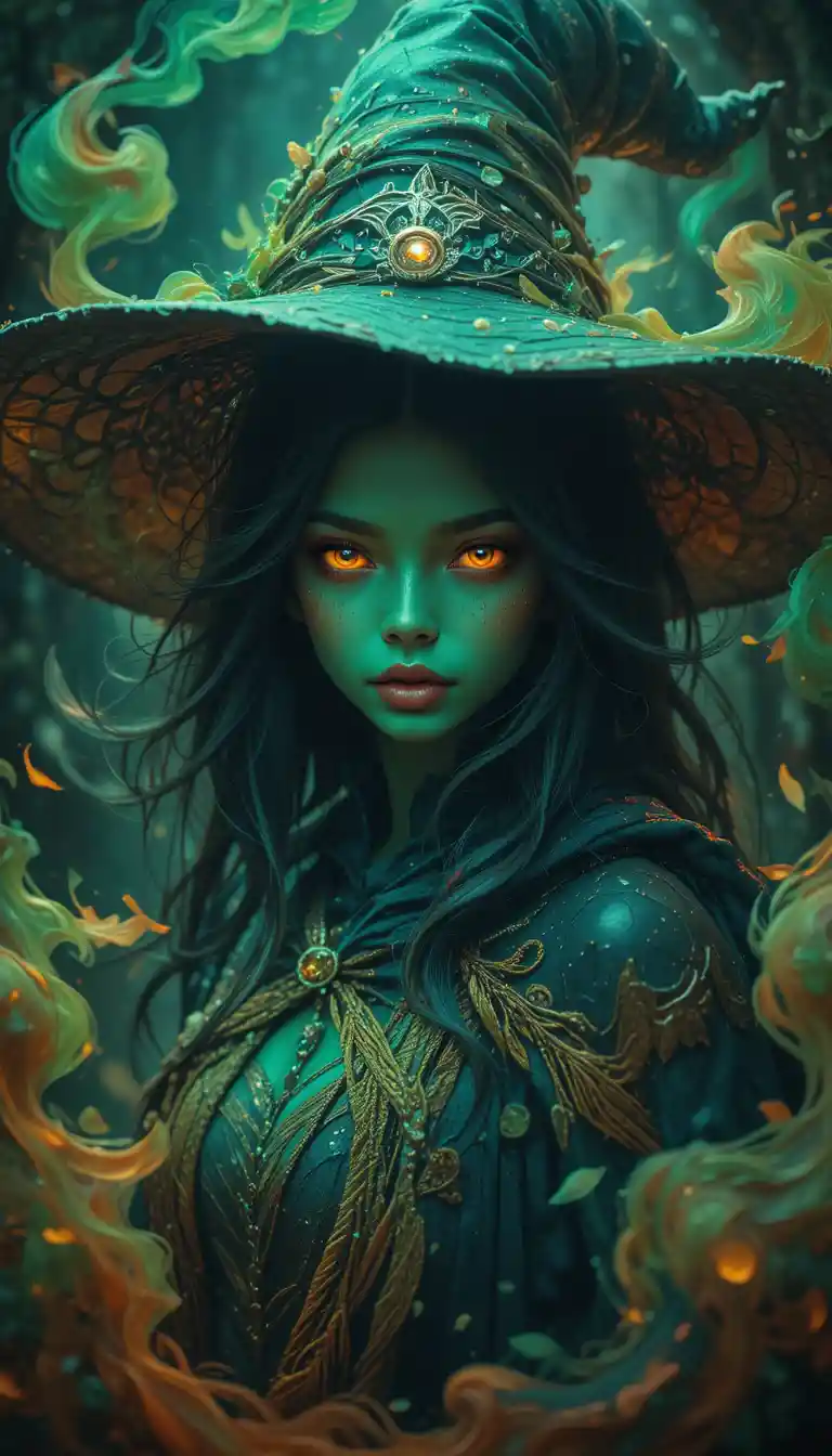 Green skinned witch girl with glowing eyes and cloak