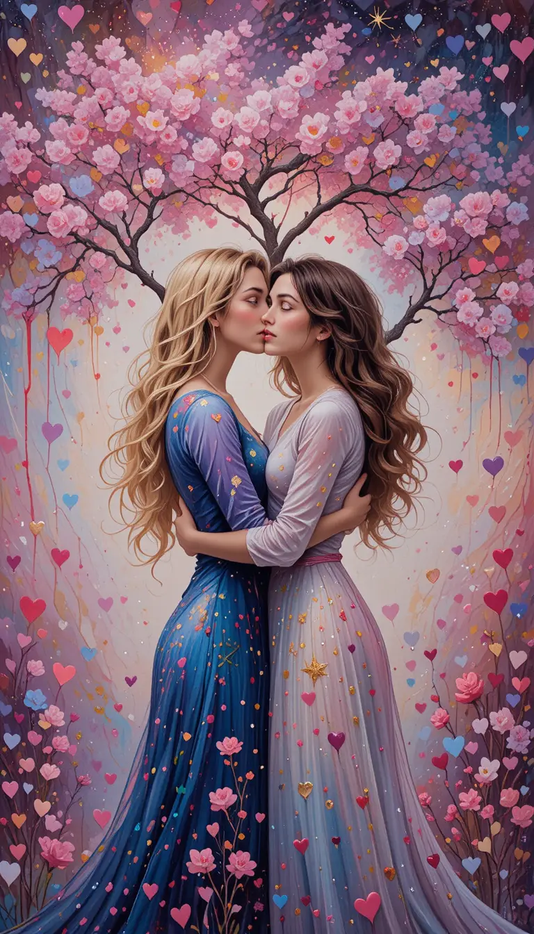 Dos mujeres jóvenes besándose en una pintura romántica y colorida