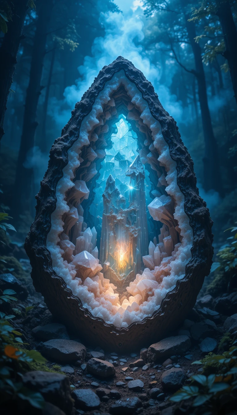 Geode di Cristallo Luminoso in una Foresta Oscura e Mistica