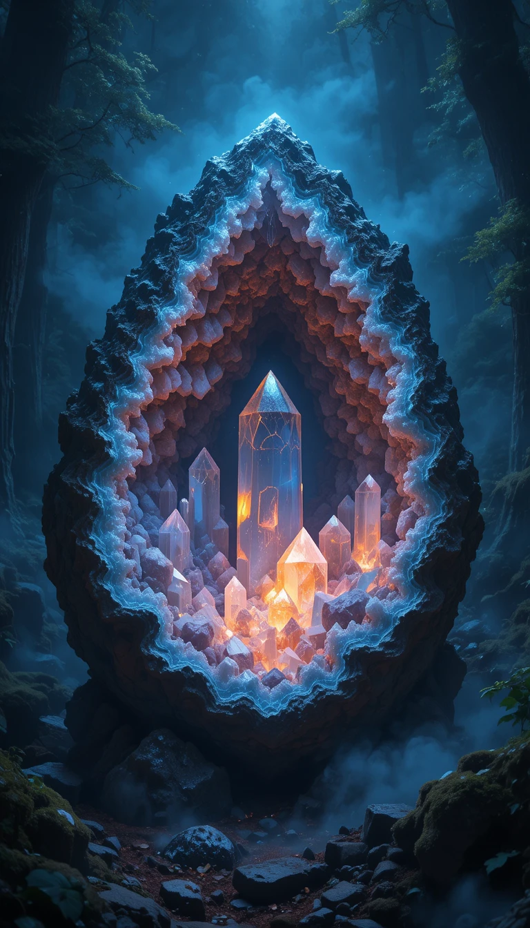Géode de cristal lumineuse au cœur d’une forêt mystique