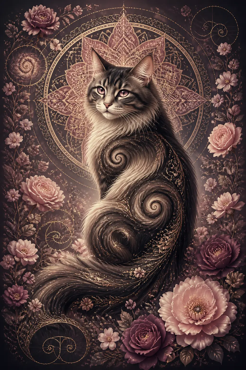 Graceful cat with floral mandala and fibonacci patterns