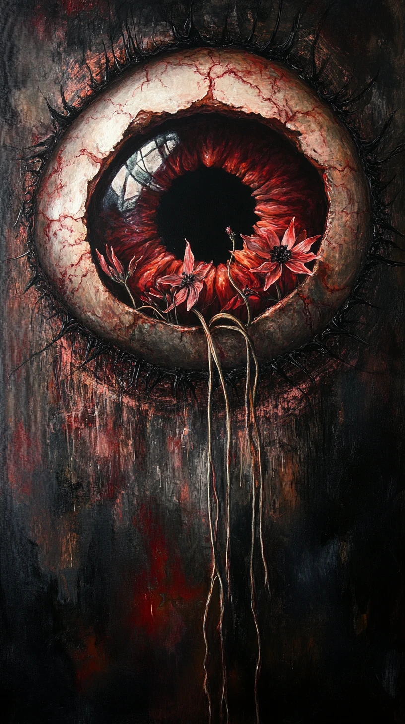 Olho botânico surreal aberto com sementes e flores