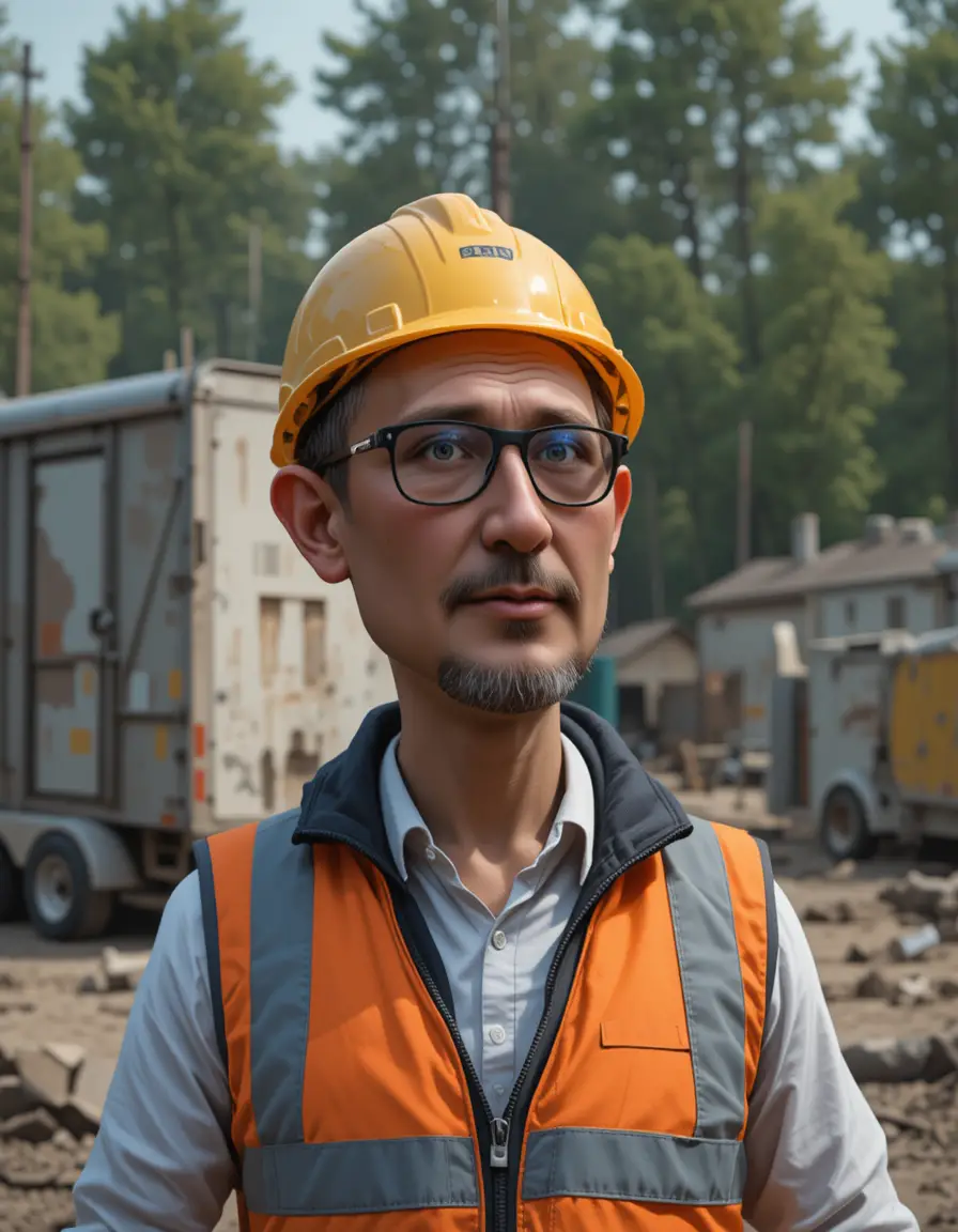 Operaio edile sorpreso con casco giallo e gilet