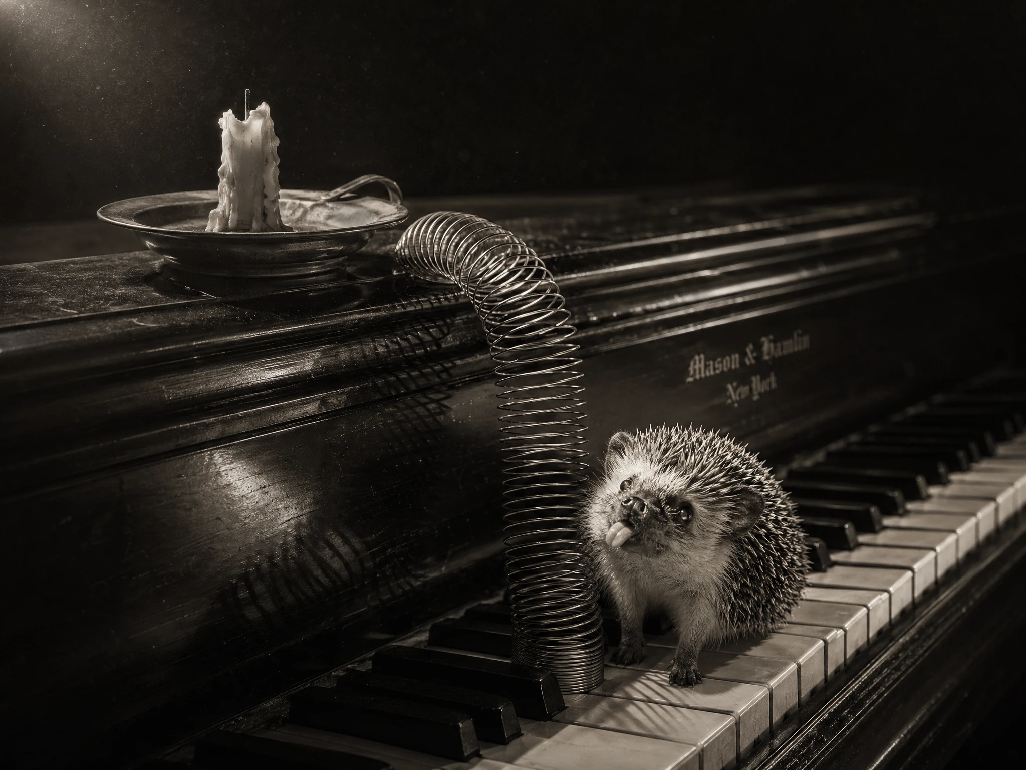 Mola maluca começando a descer da tampa do piano para as teclas