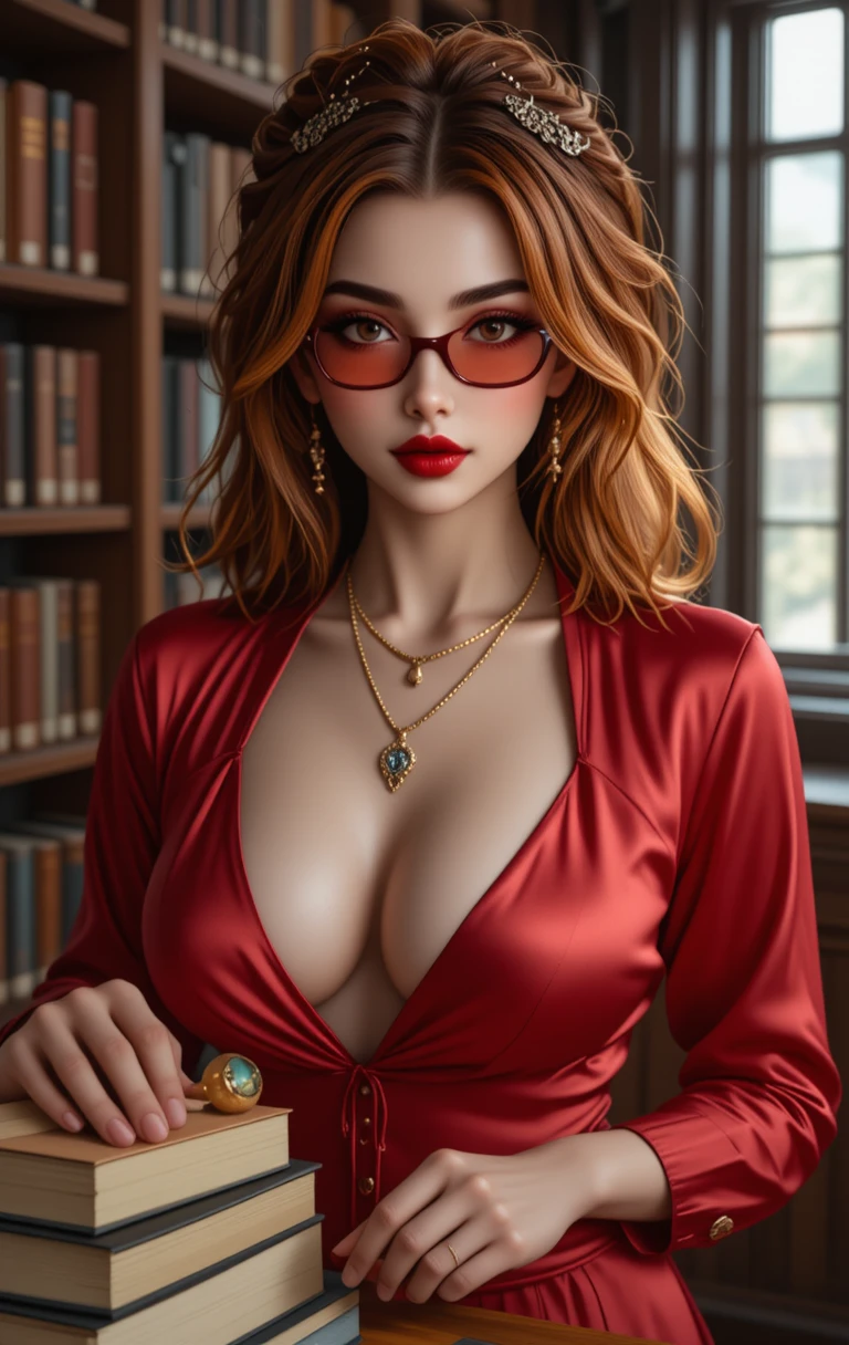 Bibliotecária ruiva glamourosa no balcão movimentado da biblioteca