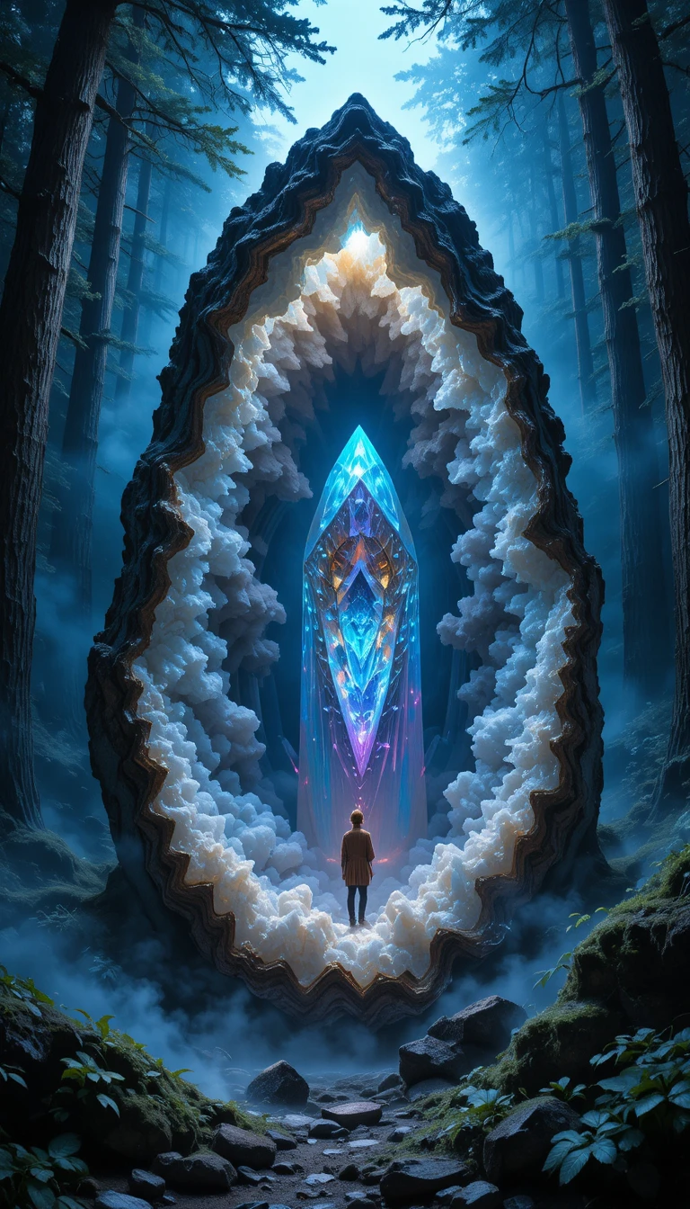 Géode de cristal lumineuse dans une sombre forêt mystérieuse