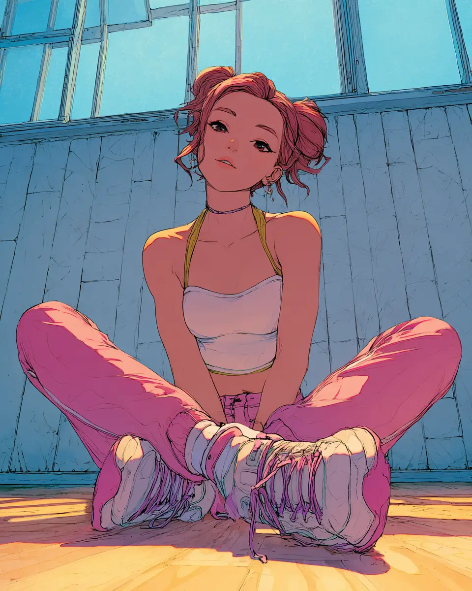 Süßes Anime-Mädchen in mädchenhafter Sommermode in Sitzpose