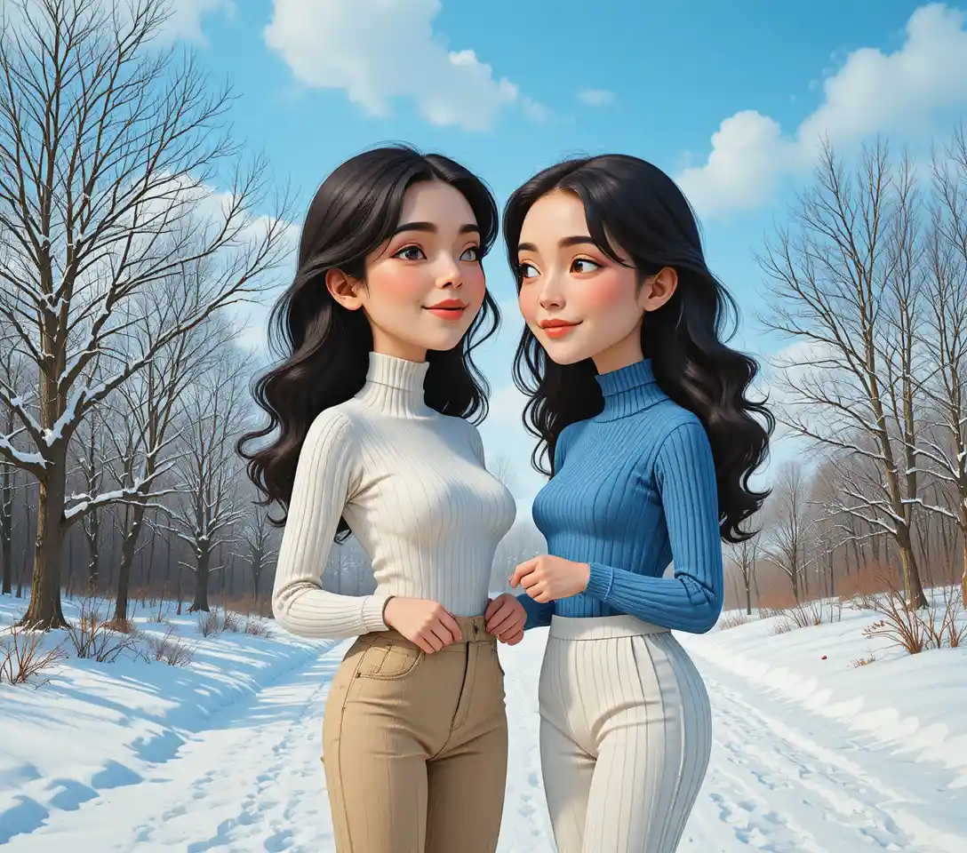 Zwei junge Frauen, die einen zärtlichen Moment im Winterschnee teilen