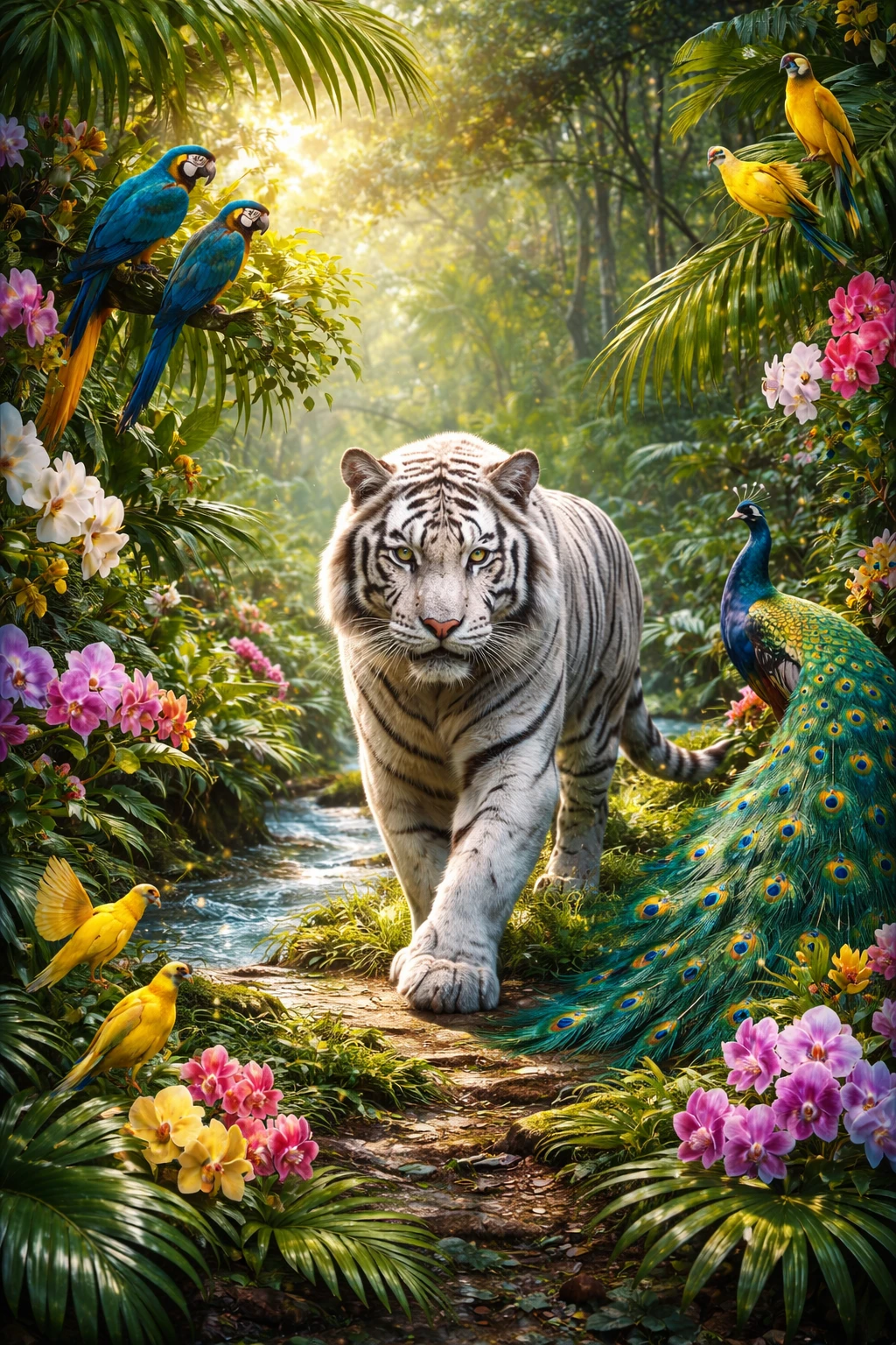 Tigre blanc marchant dans une jungle luxuriante et verte