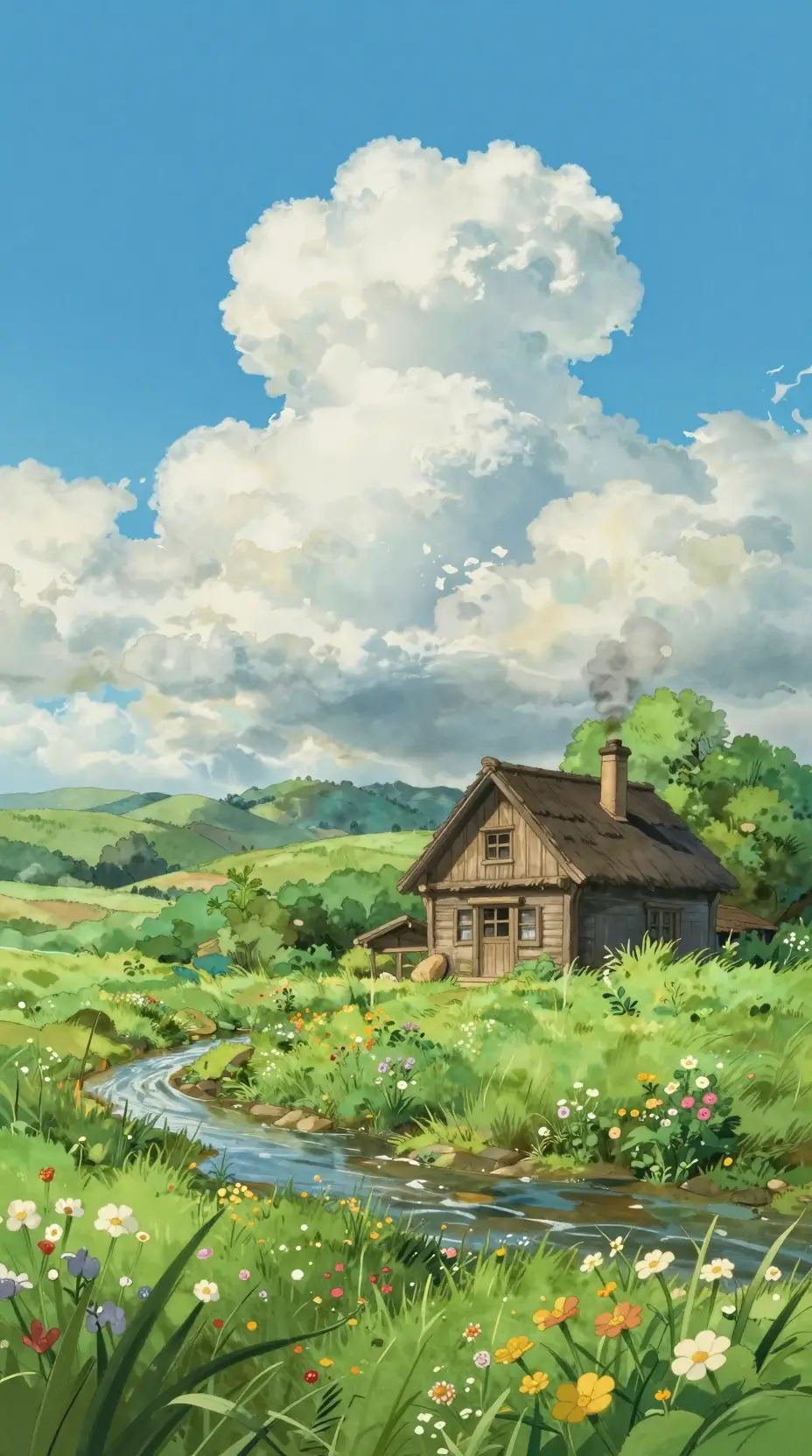草地溪流旁溫馨木屋小屋