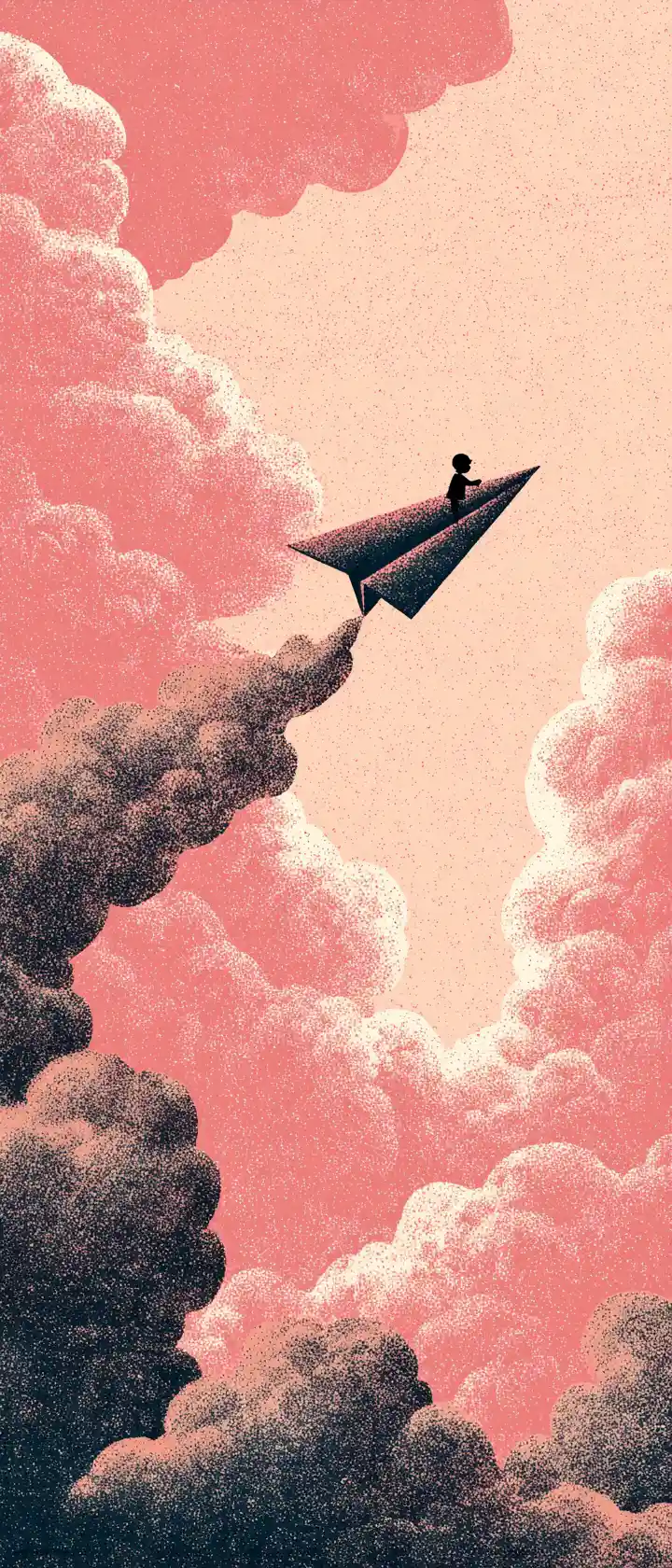 Aereo di carta fiabesco che vola alto sopra morbide nuvole