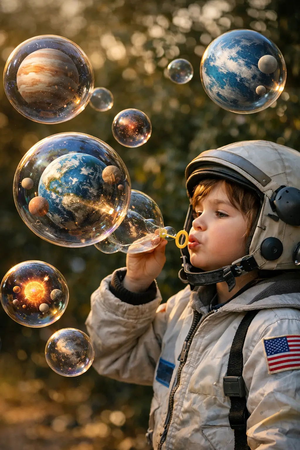 孩童在外太空吹出宇宙泡泡行星