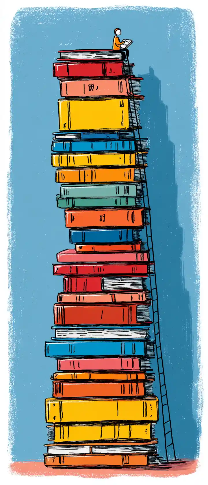 Colorful book ladder rising into a bright sky