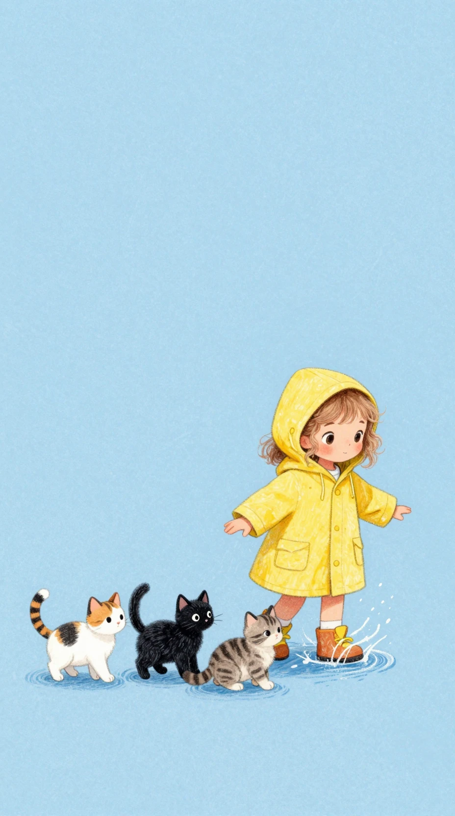Fillette en imperméable jaune éclaboussant avec trois chatons