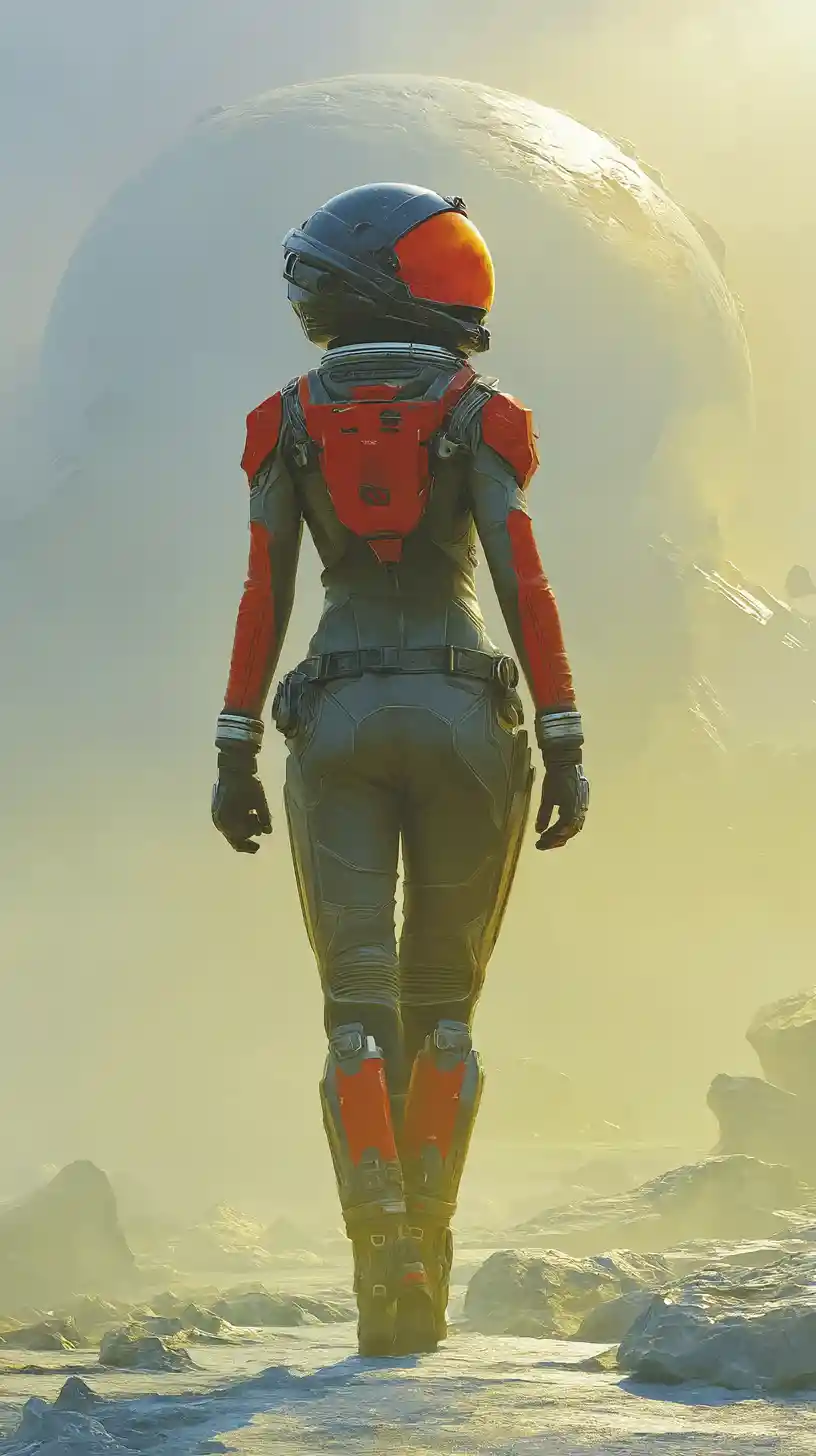 站在神祕外星行星上的健美女太空人